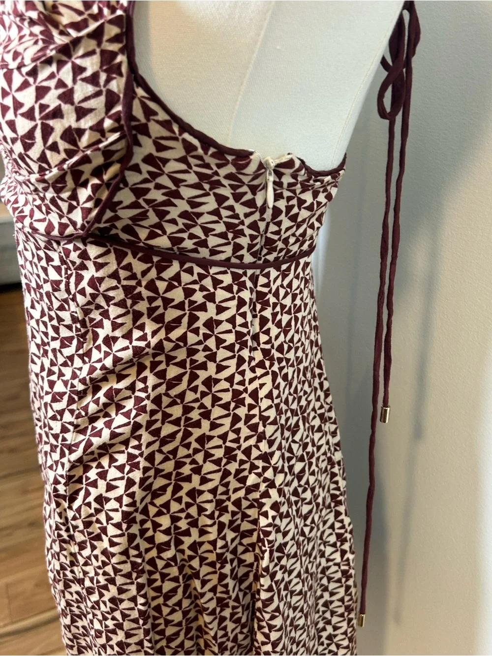Free People Kai print Tie strap Mini Dress xs brown cream cowl neck boho dress